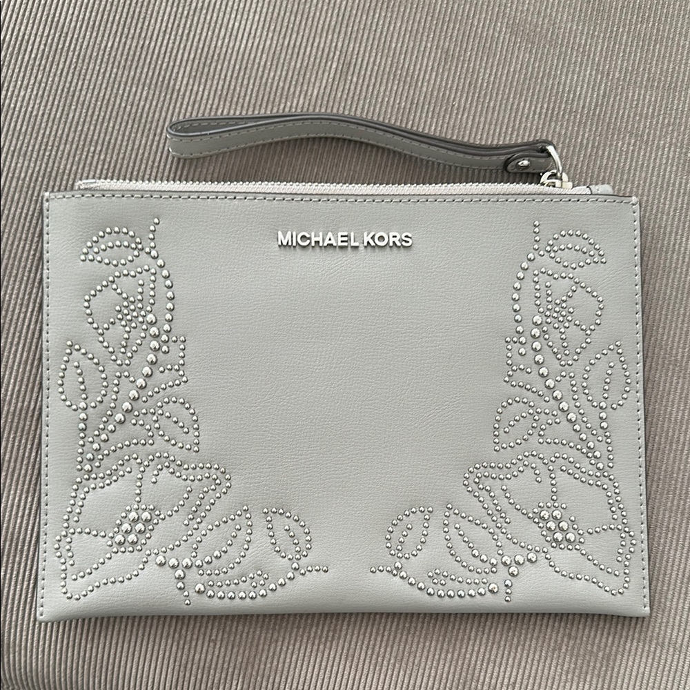Michael Kors Gray Floral Embossed with Metal Studs Clutch